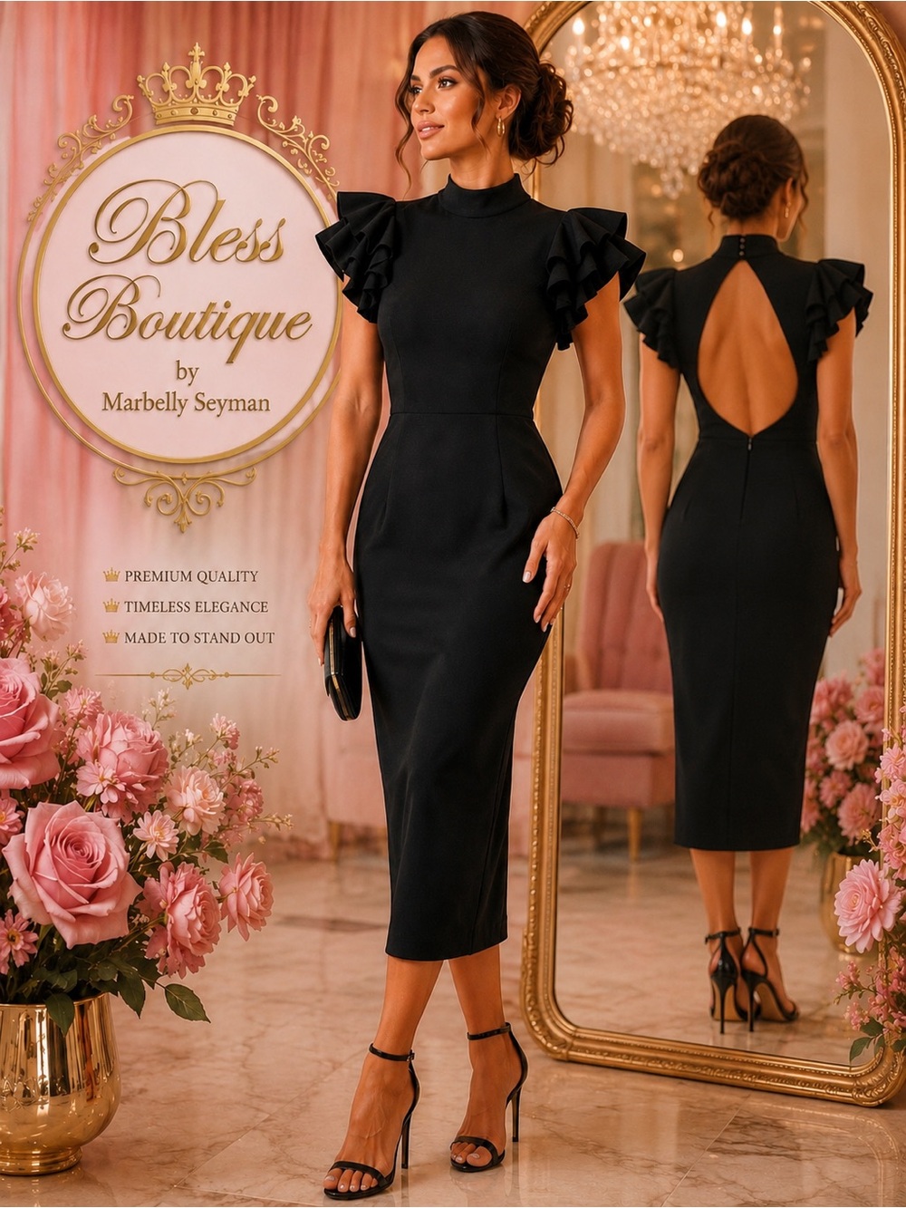 Lulus Stylish Splendor Black Backless Ruffle Bodycon Midi Dress M NWT